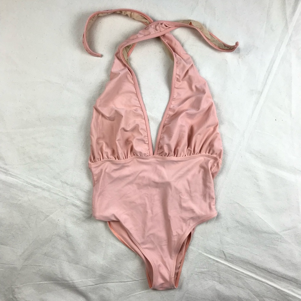 American Apparel Nylon Tricot Halter One-Piece Deep V Swimsuit in Peach